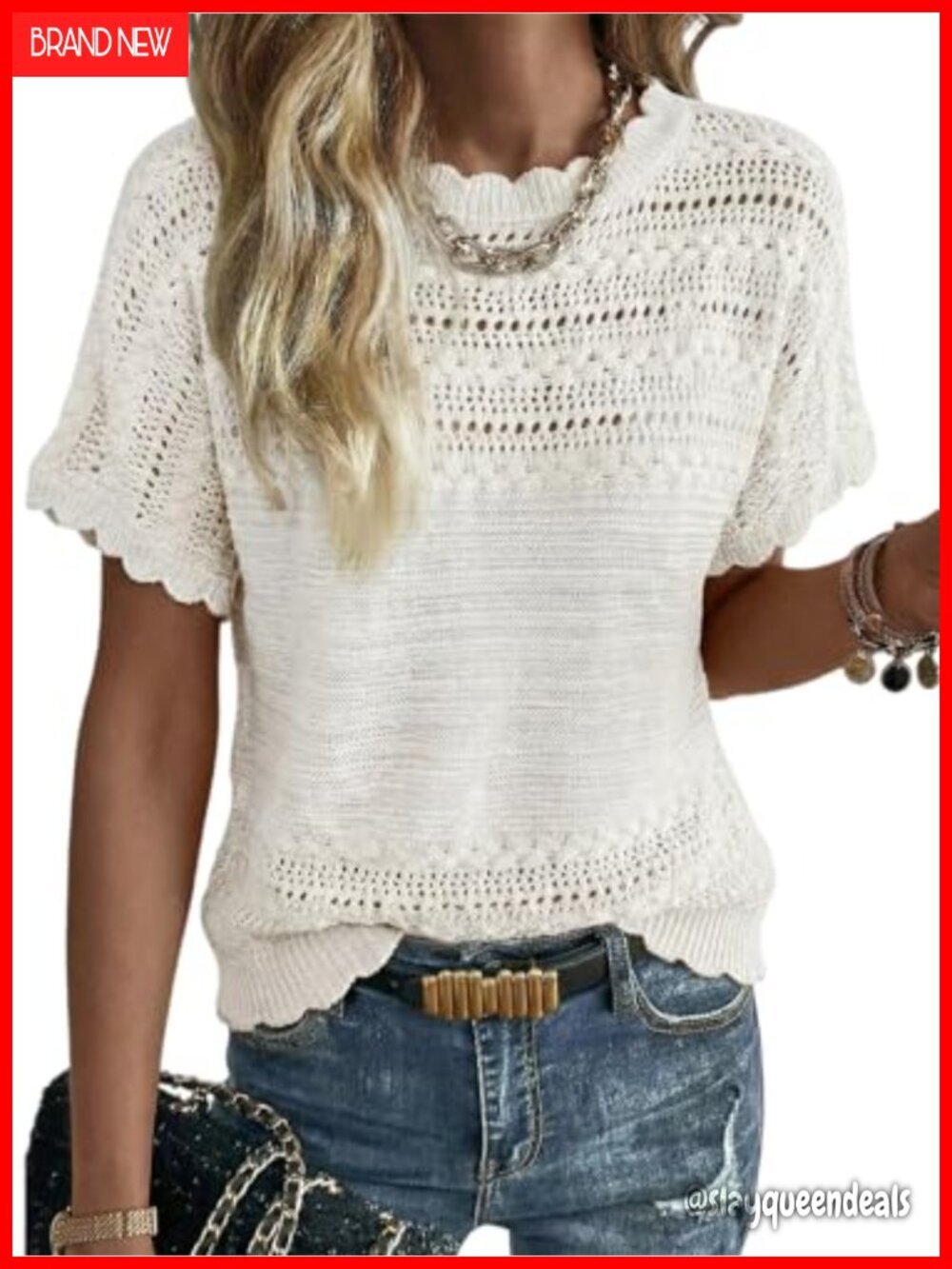 Women's Short Sleeve Knit Sweater Top Crochet Loose Fit Pullover